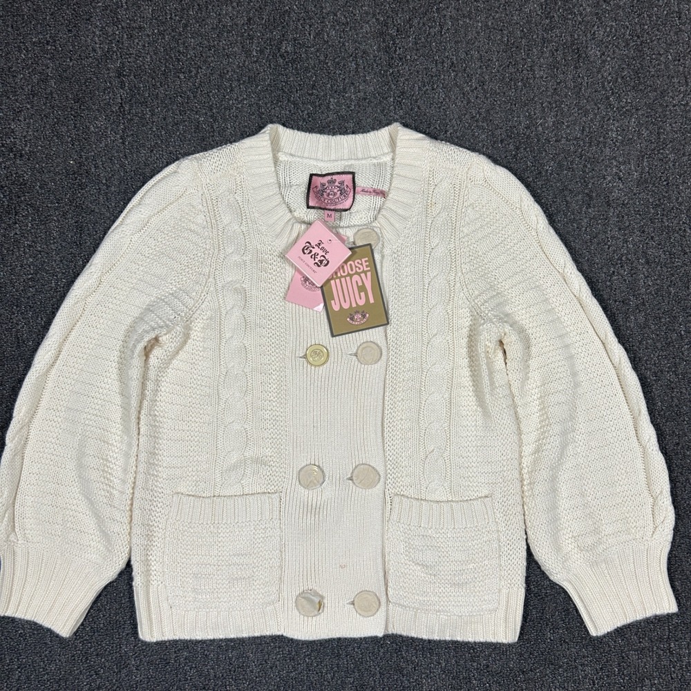Juicy Couture Cardigan Sweater Womens Medium Cream NWT Cotton Cashmere Knit 0980